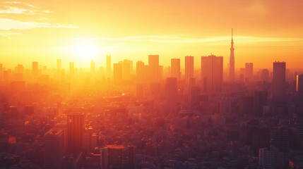 Breathtaking Urban Skyline at Golden Hour with Glowing Sunset