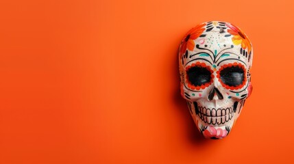 death mask of the day of the dead Mexico in orange background and with flowers