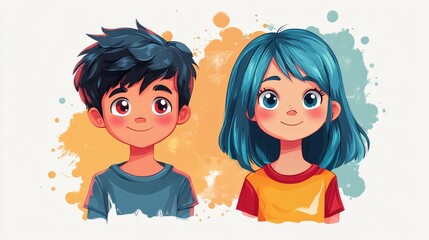 Colorful cartoon style anime boy and girl mascots, ideal for creative projects and t-shirts