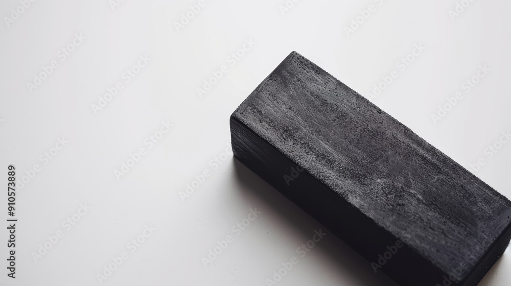 Poster black wooden block casts a shadow on a white background, creating a minimalist and elegant compositi
