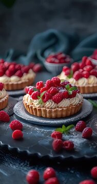 Raspberry tartlets with whipped cream and fresh raspberries on dark background