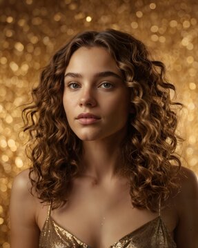 Hermosa mujer morena con cabello rizado con elegante vestido dorado con fondo brillante.