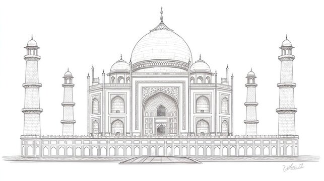 recommend clip art: Line art of the Taj Mahal in India, featuring intricate sketch details and travel inspiration.