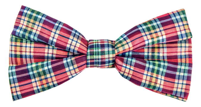 Stylishly designed multicolored plaid bow tie perfect for formal events and parties, cut out - stock png.