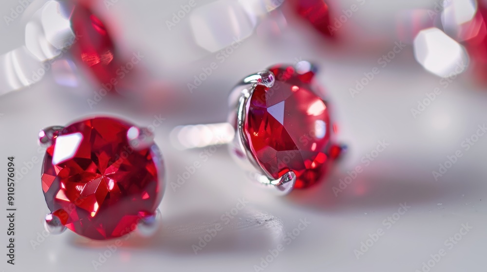 Poster jeweler showing beautiful red ruby earrings on white background with shallow depth of field