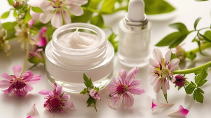 whitening and moisturizing Face cream in an open glass jar and flowers on white background. Set for spa, skin care and body products and solutions for skin problems such as scars, acne, wrinkles.
