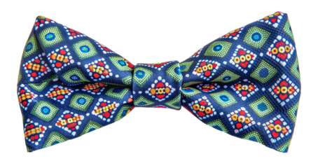 Vibrant blue bow tie with geometric patterns, cut out - stock png.