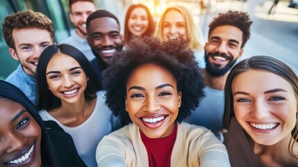Joyous group of diverse professionals capturing a selfie moment in a modern office, bonds of camaraderie visible in their beaming smiles.emphasizing unity, teamwork, and a positive work environment