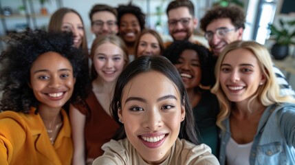 Obraz premium Diverse group of young professionals smiling and taking a selfie together in an office setting, symbolizing community among employees.emphasizing a positive and inclusive work environment.
