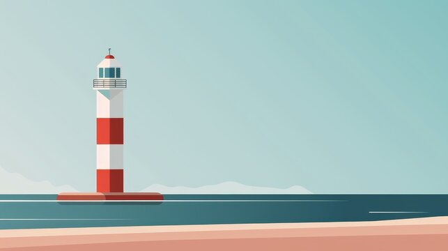 Unadorned lighthouse illustration near the sea, minimalistic style, basic colors and shapes, clear and calm ocean background