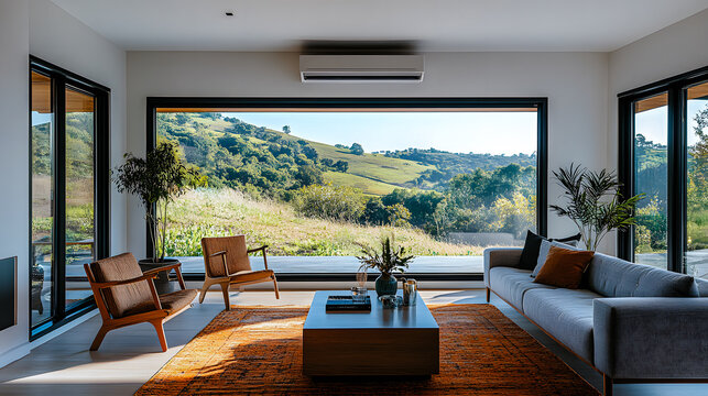 Salon avec grande baie vitr&eacute;e offrant une large vue sur la montagne environnante