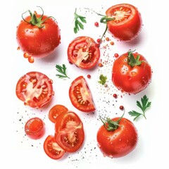 Whole and sliced fresh tomatoes on a white background