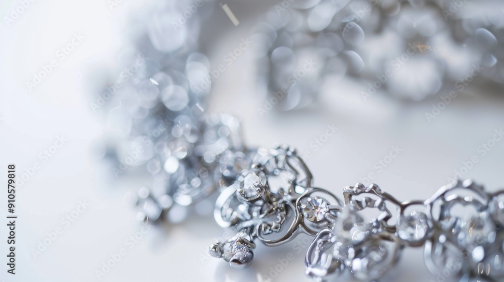 Poster silver necklace with many small diamonds sparkles on a white background with shallow depth of field