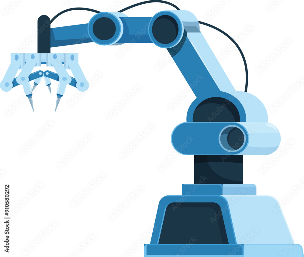 Poster blue robotic arm using artificial intelligence to move objects in a factory setting
