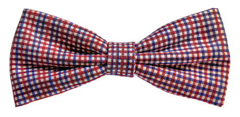 Detailed close-up of a stylish red and blue checkered bow tie, cut out - stock png.