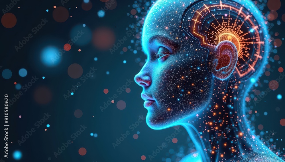 Poster digital human profile with abstract light patterns.
