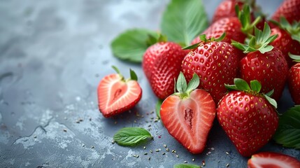 strawberry and a pieces of strawberry with leaves