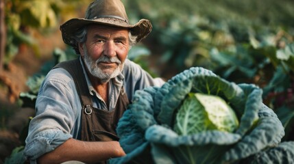 Fototapeta premium man farmer with fresh vegetables, cabbage harvest, natural selection, organic, harvest season, agricultural business owner, young smart framing, healthy lifestyle, farm and garden direct, non toxic
