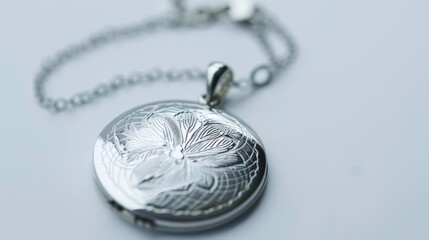 Silver medallion necklace with an engraved floral design, symbolizing elegance and timeless beauty