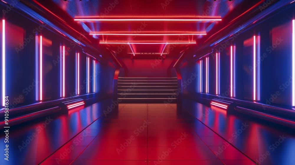 Poster abstract blue and red interior with neon light, futuristic architecture and fluorescent lamps creati