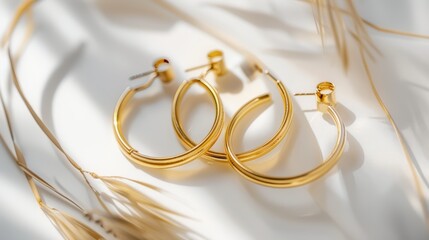 Three golden earrings laying on a white background with delicate dried plants casting soft shadows in the sunlight