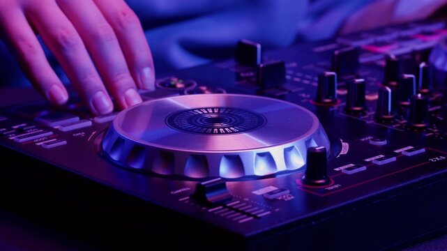 DJ playing music on festival in night club. Techno musician with headphones and sunglasses performing at nightclub for concert crowd of people, city bar.