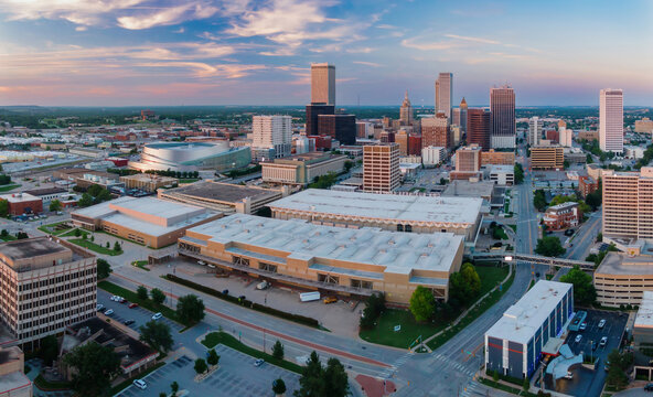 Downtown Tulsa city skyline at sunset, Oklahoma, United States.