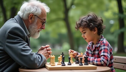 Grandfather and Grandson Playing Chess in the Park.