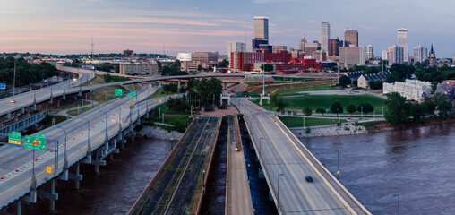 Historic Route 66 and downtown Tulsa city skyline, Oklahoma, United States.