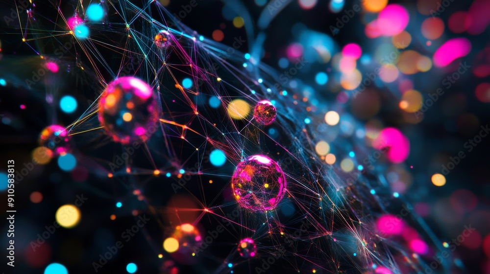 Poster tech network design featuring intricate nodes and vivid color contrasts