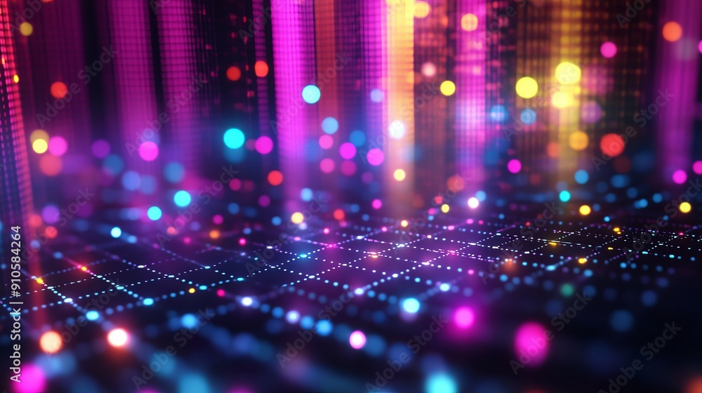 Poster digital grid backdrop with glowing cells and vivid color schemes