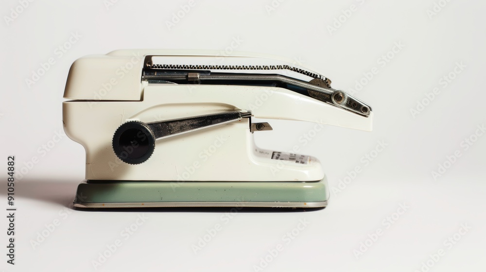 Poster Vintage mechanical calculator adding machine displaying gears in a side view, against a white background
