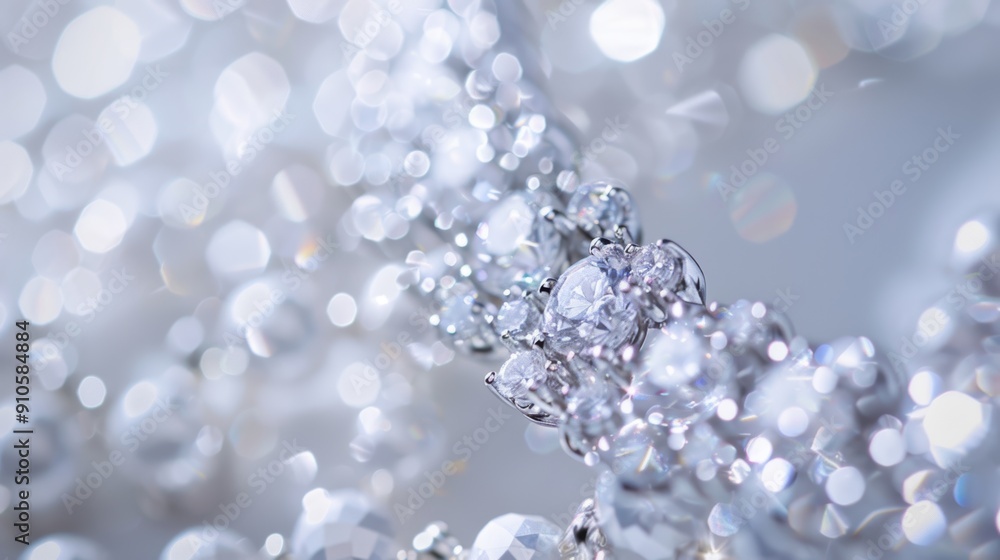 Poster diamond necklace sparkling on silver background with shallow depth of field creating luxurious bokeh