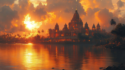 Fototapeta premium A majestic temple with intricate architecture, basking in the golden morning sun.