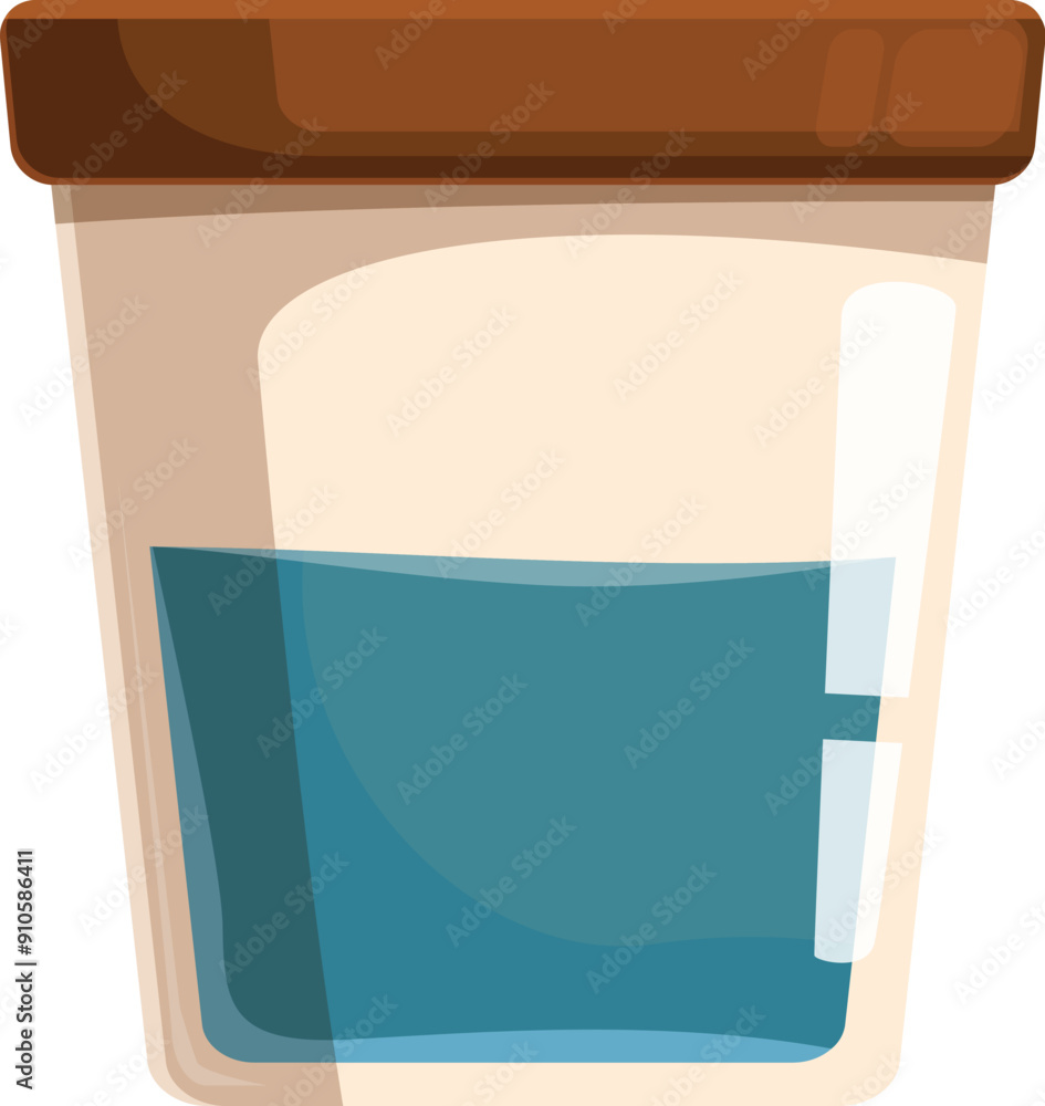 Poster clear container with a brown lid is partially filled with a blue liquid, showcasing its measuring li