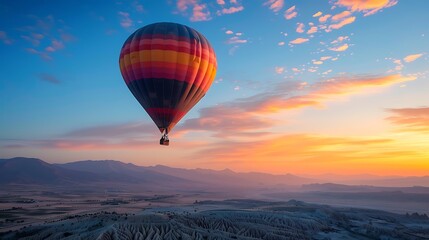 Obraz premium Sunrise Hot Air Balloon Flight Over a Desert Landscape
