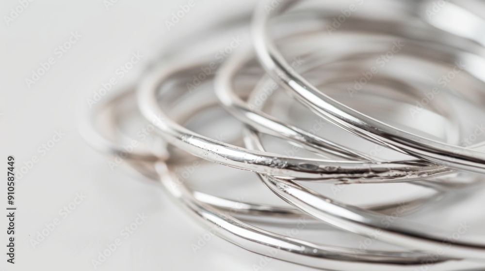 Aufkleber shiny silver wire shapes against white backdrop, gleaming in light with intricate curves and pattern