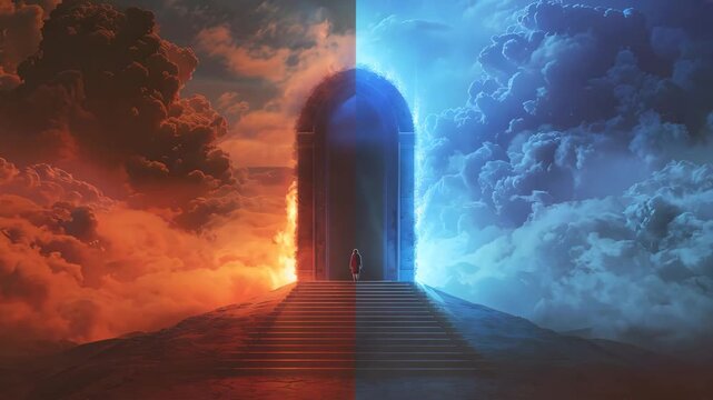 Animation of heaven paradise and fiery hell gates choice. Door to heaven and hell. Good and evil, light and darkness. God's judgment, christianity concept. Religious background
