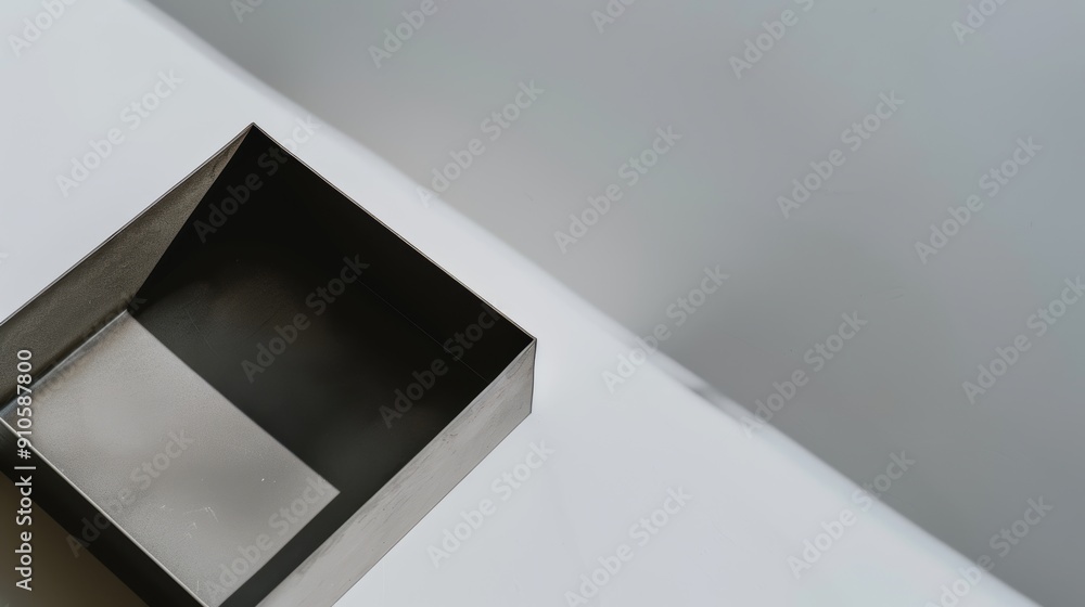 Canvas Prints white table with an empty metallic square tray casting a shadow on the surface