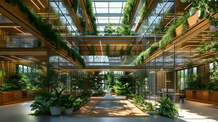 Modern eco-friendly office with futuristic design elements, innovative architecture. Bright natural lighting, greenery, solar panel and advanced technology feature. Environmentally friendly background