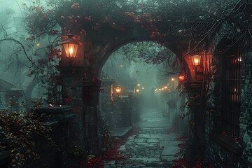 Obraz premium Moody and Atmospheric Alleyway with Glowing Street Lamps in Mysterious Urban Setting