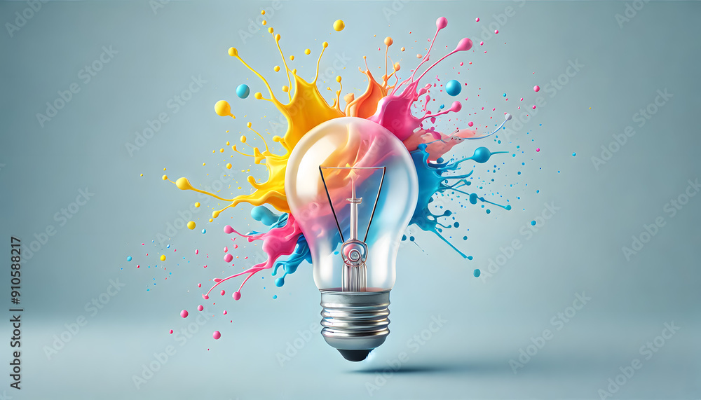 Poster vibrant digital art explosion with a lightbulb as the focal point representing creative ideas innova