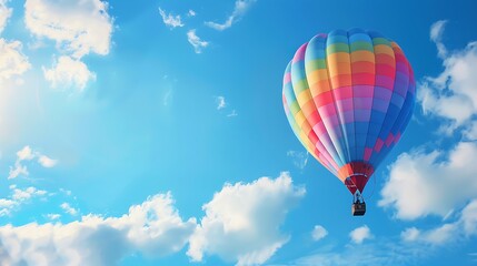 Fototapeta premium Colorful Hot Air Balloon Ascending Through a Blue Sky