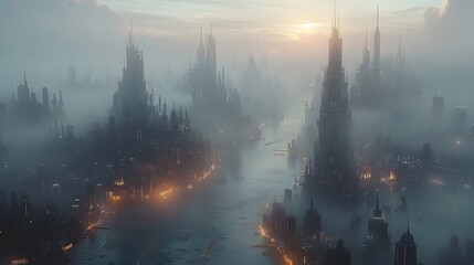 Futuristic Cityscape with Sleek Skyscrapers and Advanced Transportation in the Night Fog