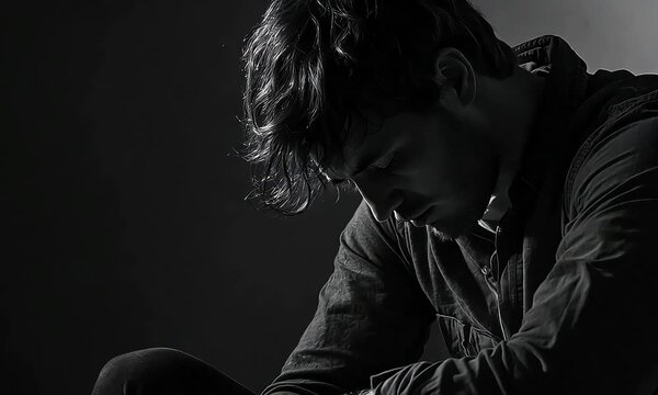 Depressed Man Sitting Alone in Darkness with Ai generated.
