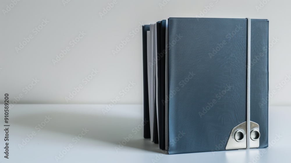 Poster blue notebook is standing on a white desk with copy space on a simple background