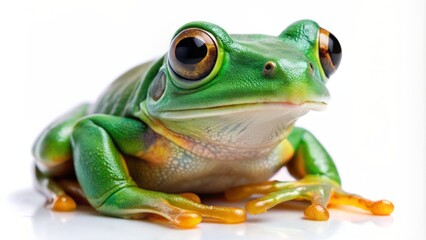 Obraz premium A solo green frog with vibrant eyes and delicate skin texture perches calmly on a plain white background, showcasing its natural beauty.