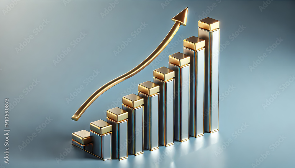 Poster stylized 3d visualization of an upward trending financial growth chart or graph with a golden arrow 