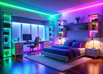 Vibrant neon lights illuminate a modern teen's bedroom featuring sleek modular furniture, high-tech gadgets, and trendy decor, exuding a fun and youthful atmosphere.