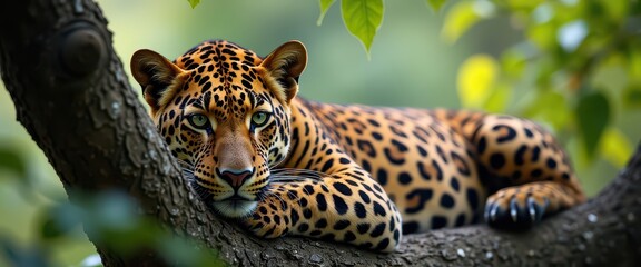 Leopard Resting on Tree Branch.